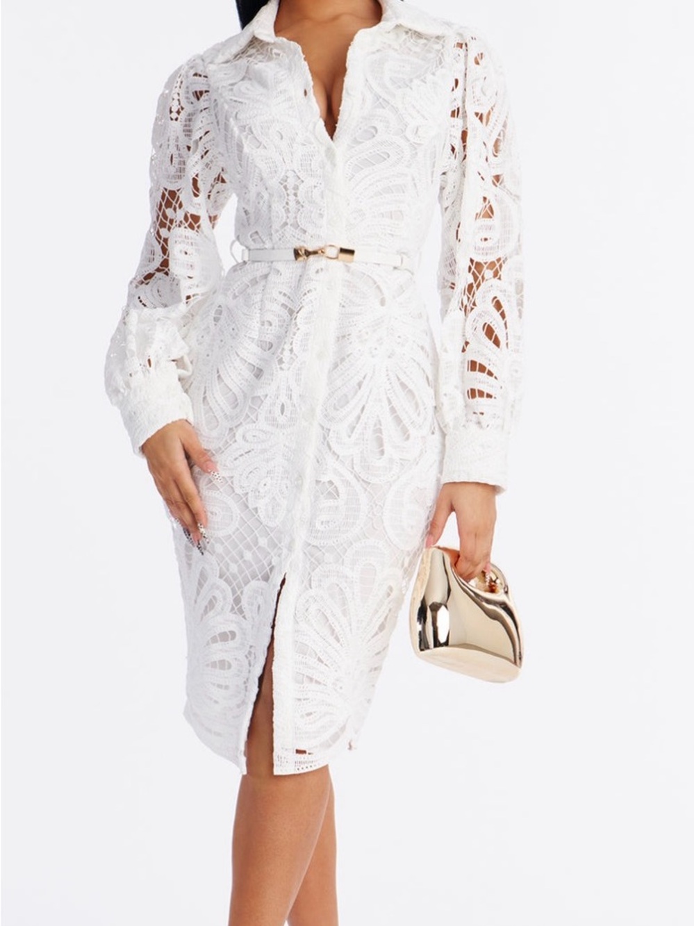 Fashion Nova White Lace Midi Shirt Dress with Belt